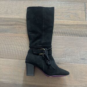 Twiggy London Black Knee High Suede Boots Sz 5.5 Leather Block Heel Western Boho